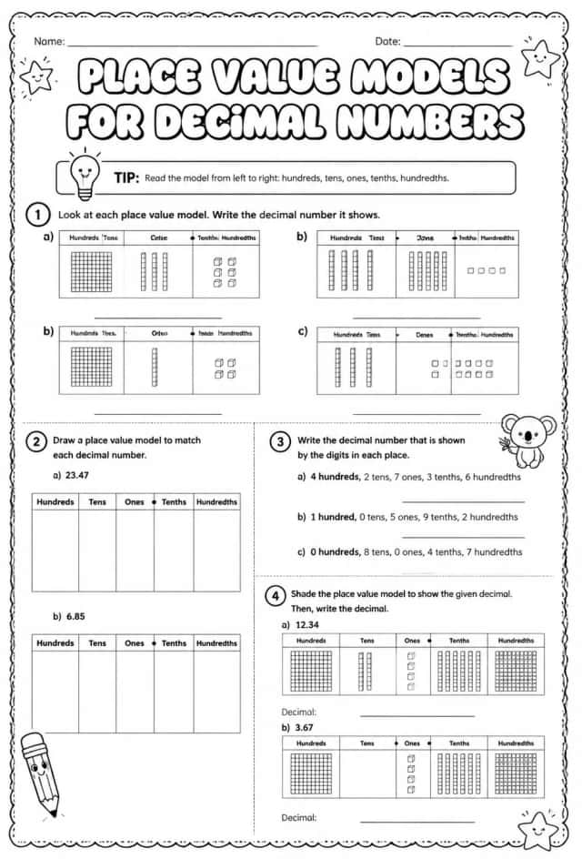 Place value models for decimal numbers