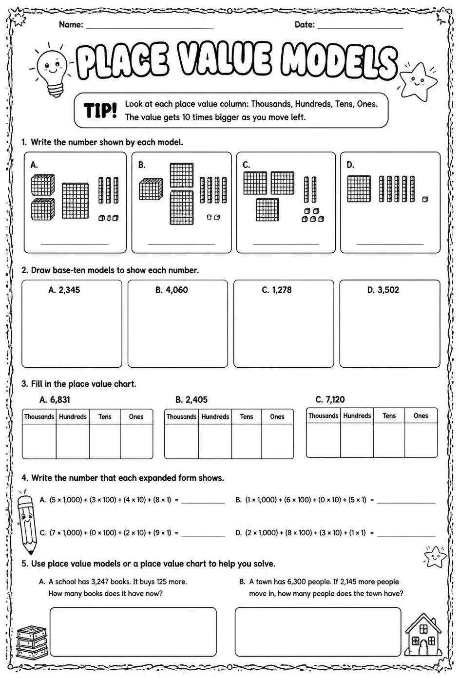 Place value models — free printable Grade 4 math worksheet