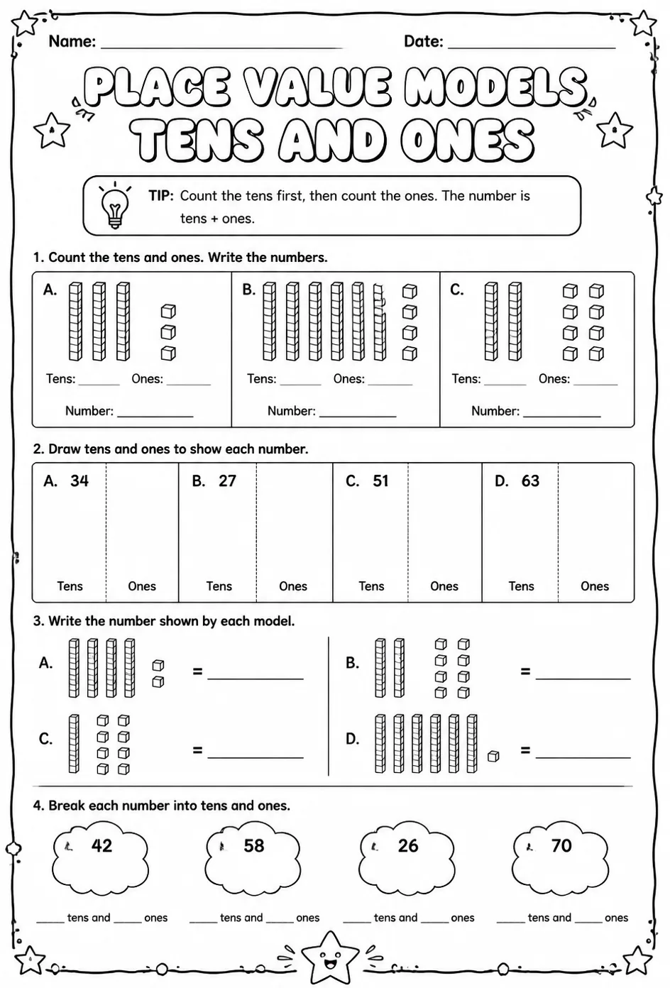 Place value models - tens and ones — free printable Grade 2 math worksheet