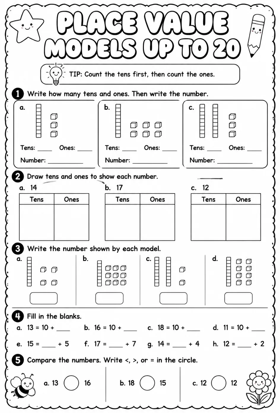 Place value models up to 20 — free printable Grade 1 math worksheet