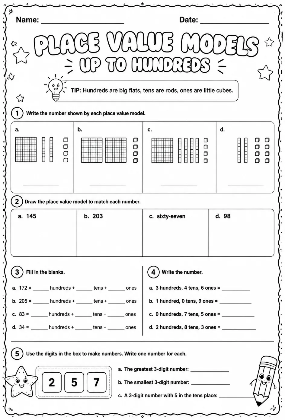 Place value models - up to hundreds — free printable Grade 2 math worksheet