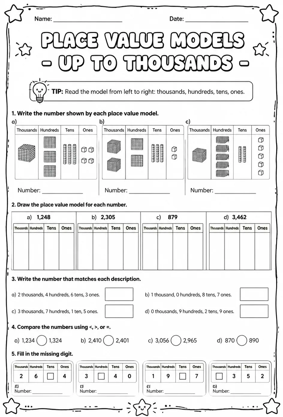 Place value models - up to thousands — free printable Grade 2 math worksheet