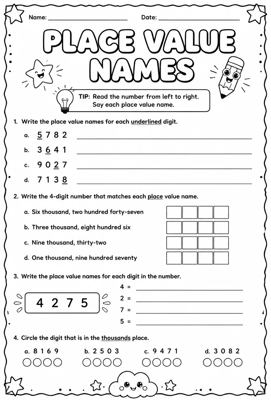 Place value names — free printable Grade 4 math worksheet