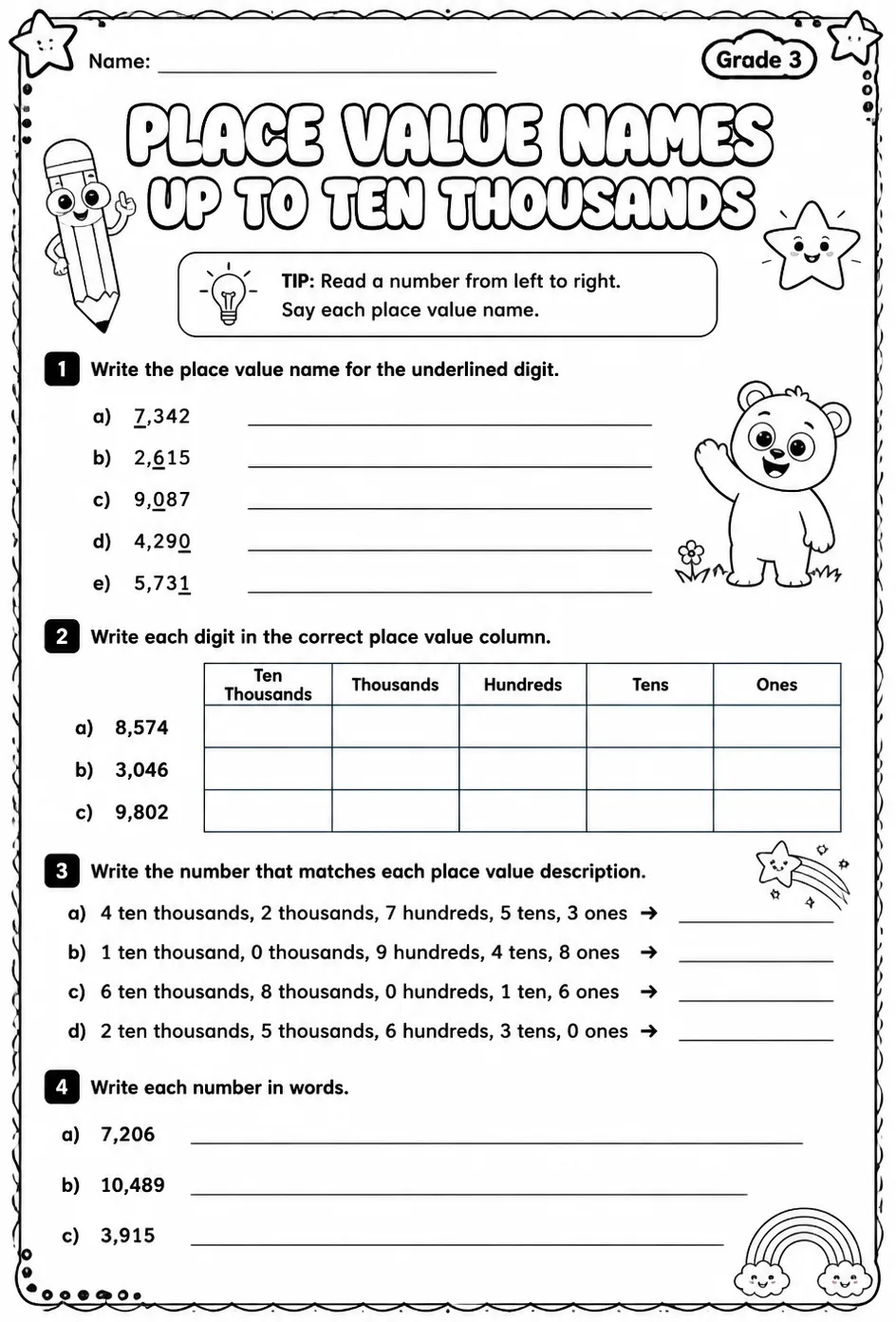 Place value names up to ten thousands — free printable Grade 3 math worksheet