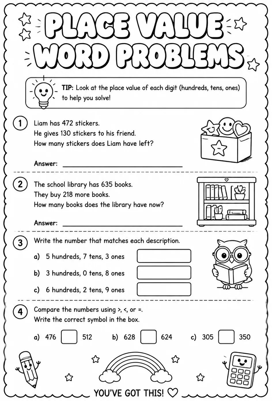 Place value word problems — free printable Grade 3 math worksheet