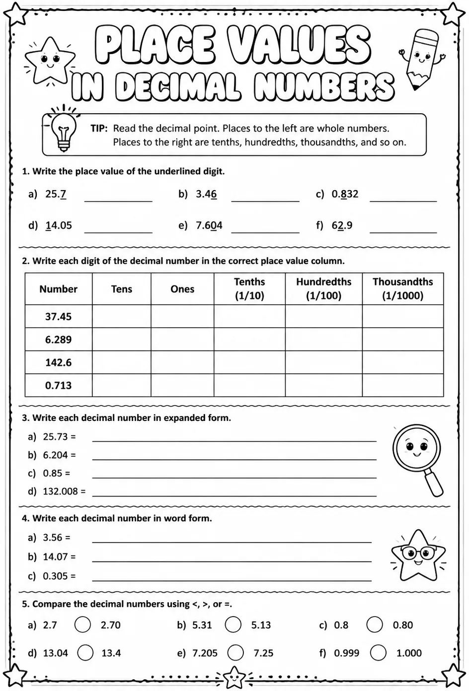 Place values in decimal numbers — free printable Grade 4 math worksheet