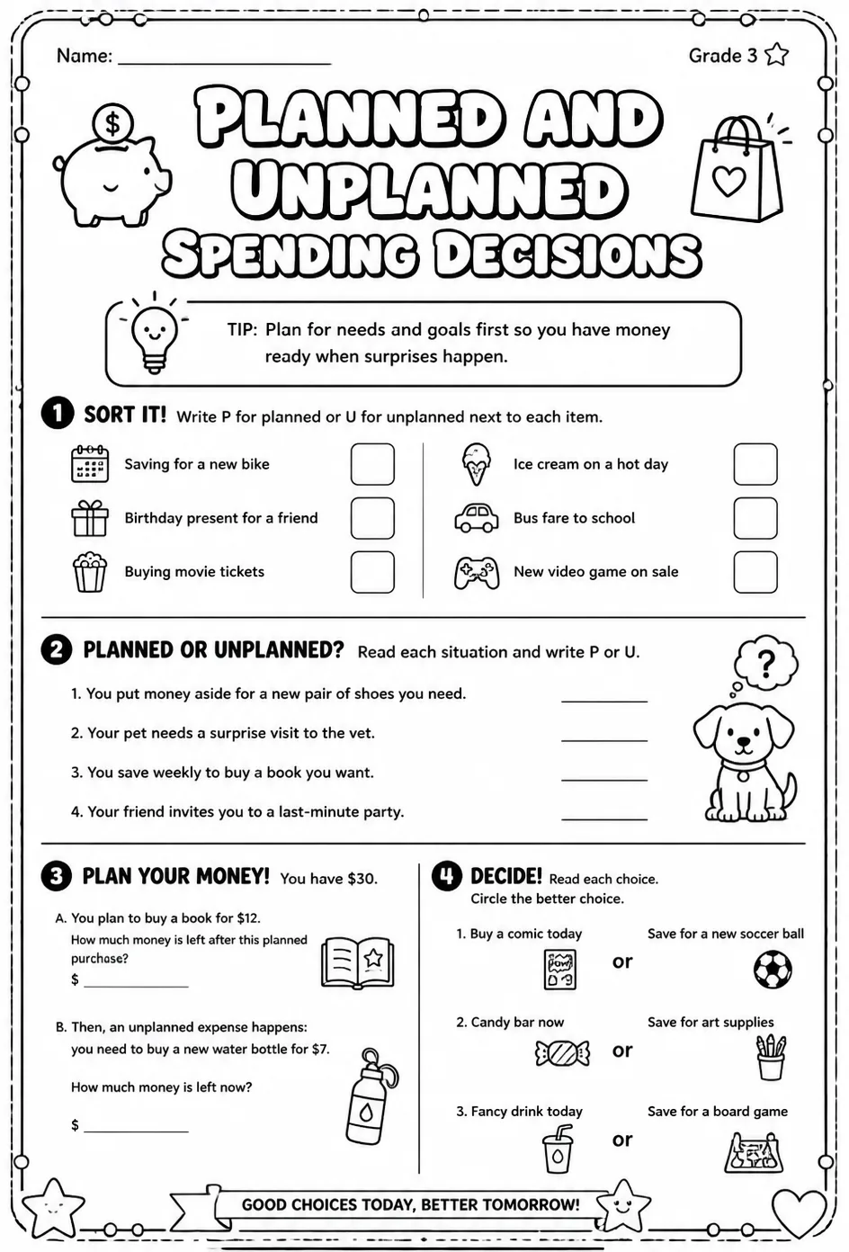 Planned and unplanned spending decisions — free printable Grade 3 math worksheet
