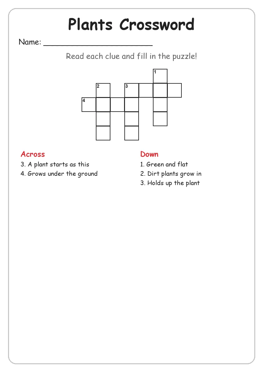 Plants crossword worksheet for Grade 1