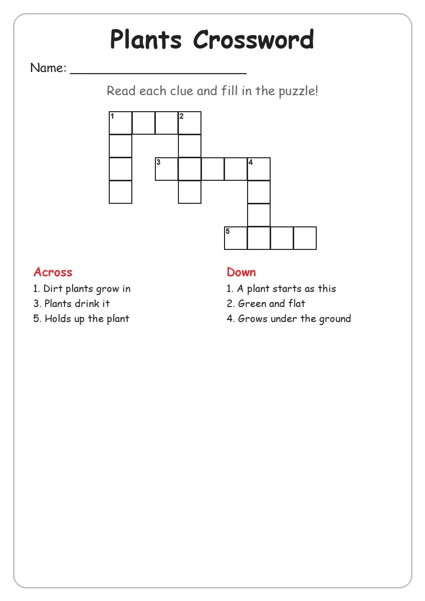 Plants crossword worksheet for Grade 2