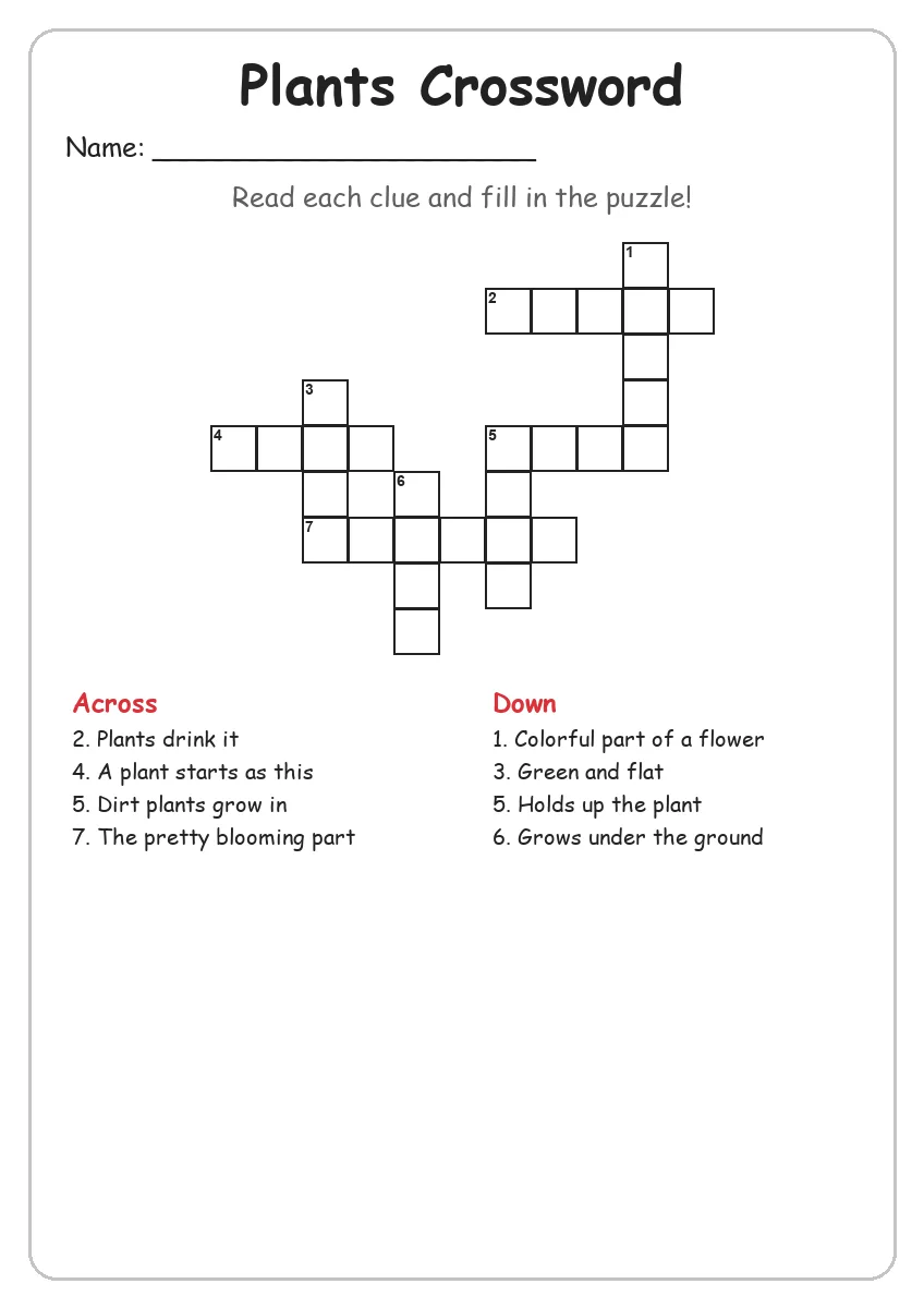 Plants crossword worksheet for Grade 3