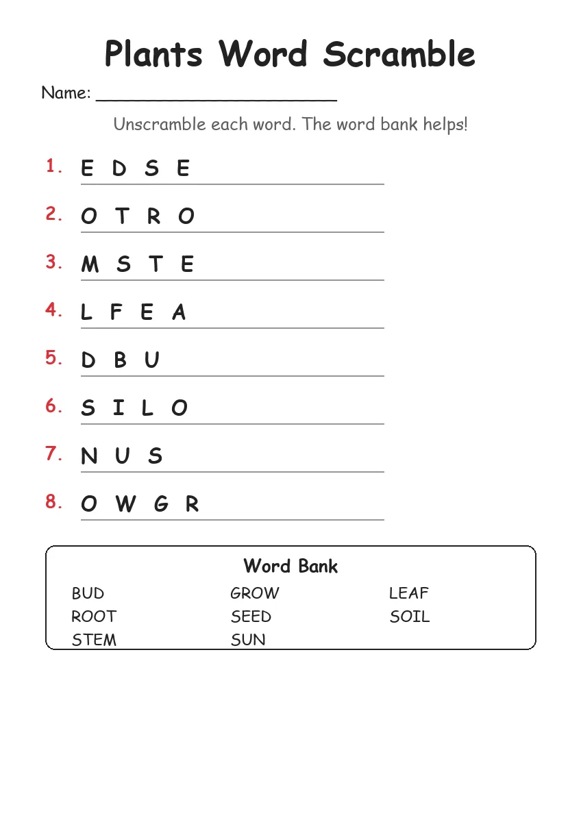 Plants word scramble worksheet for Grade 1