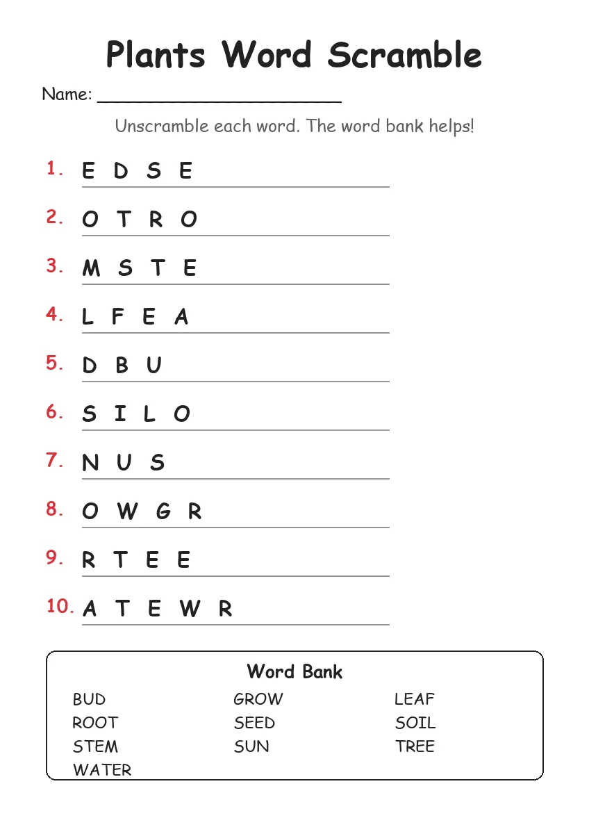 Plants word scramble worksheet for Grade 3