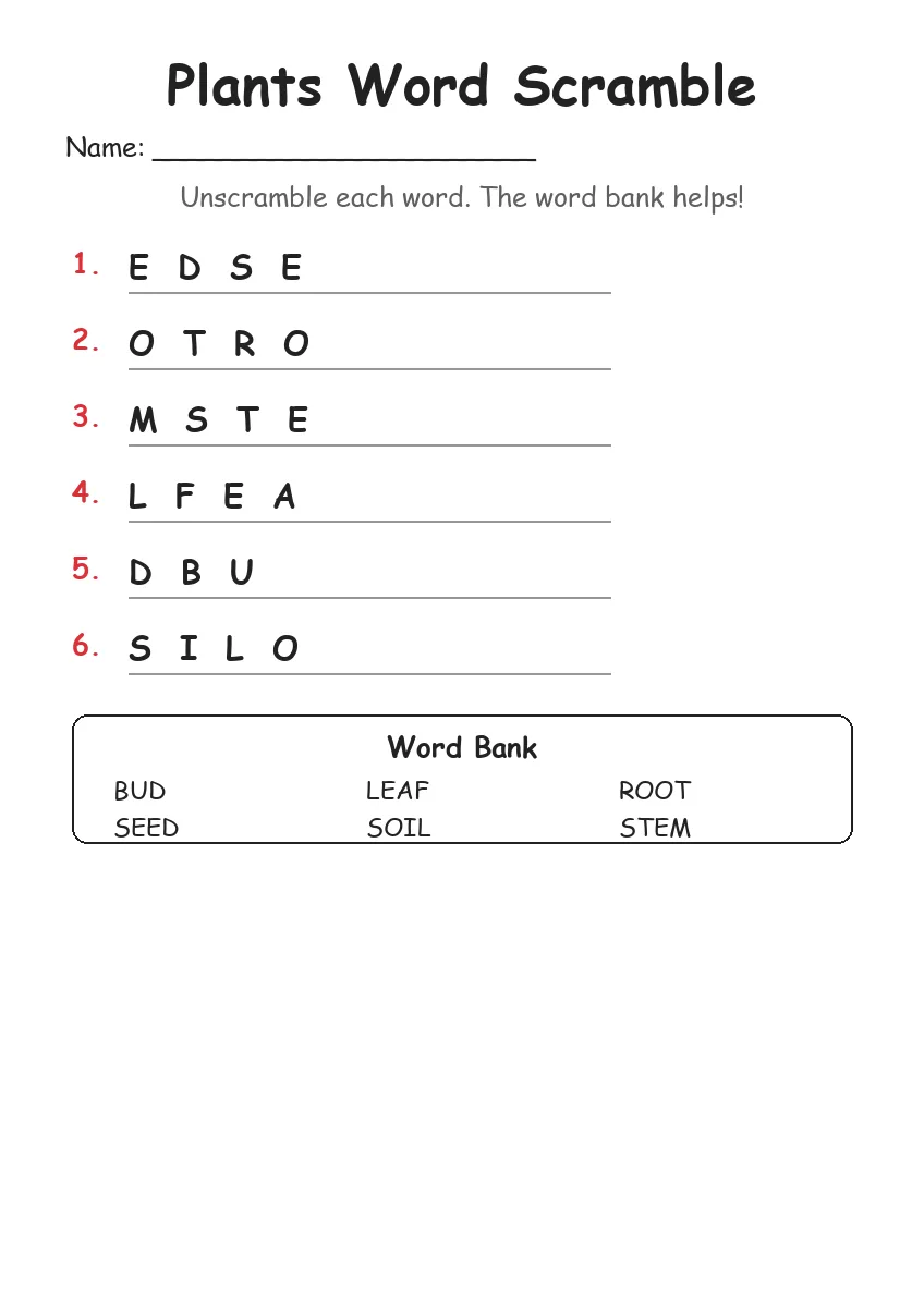 Plants word scramble worksheet for Kindergarten