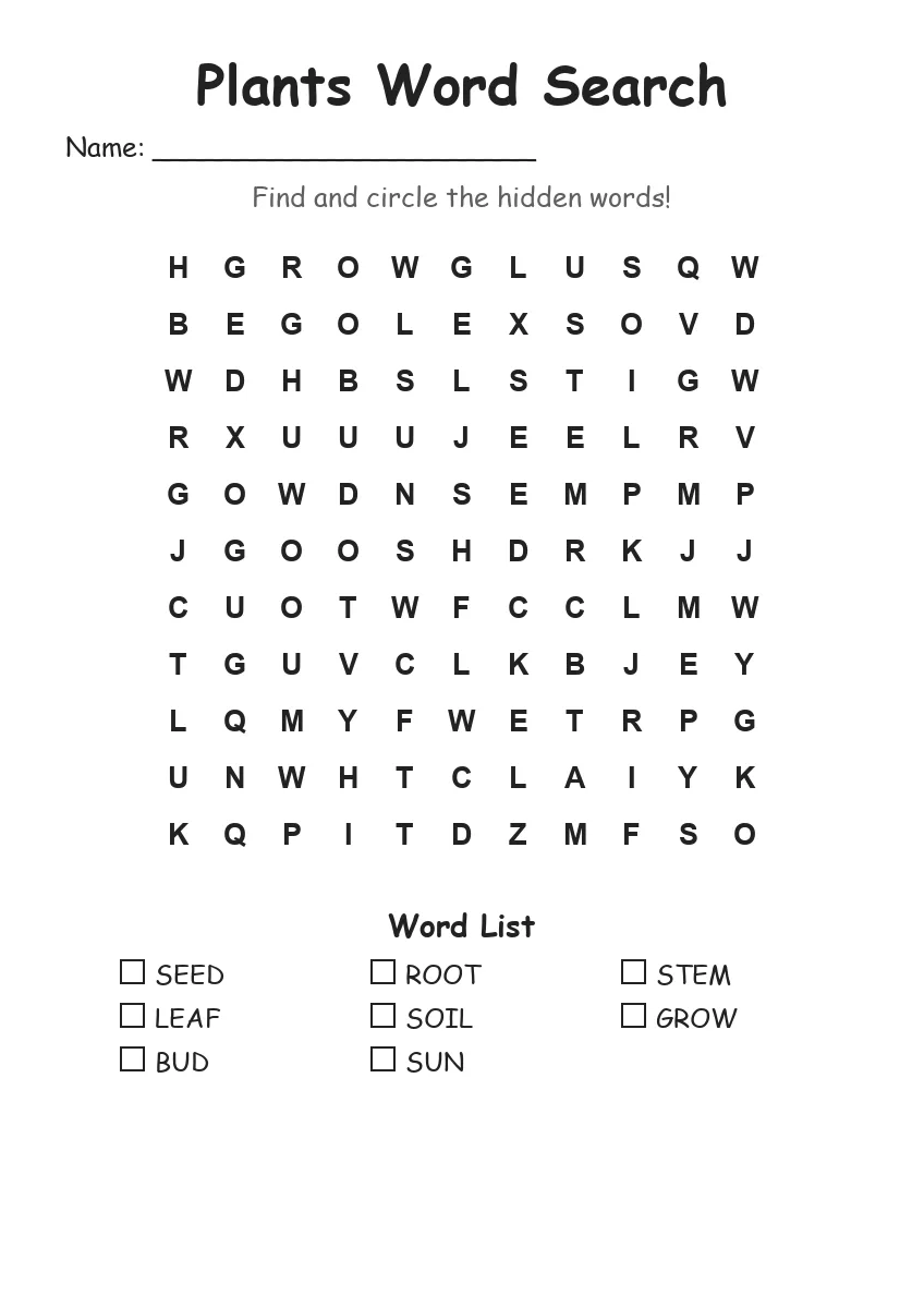 Plants word search worksheet for Grade 1