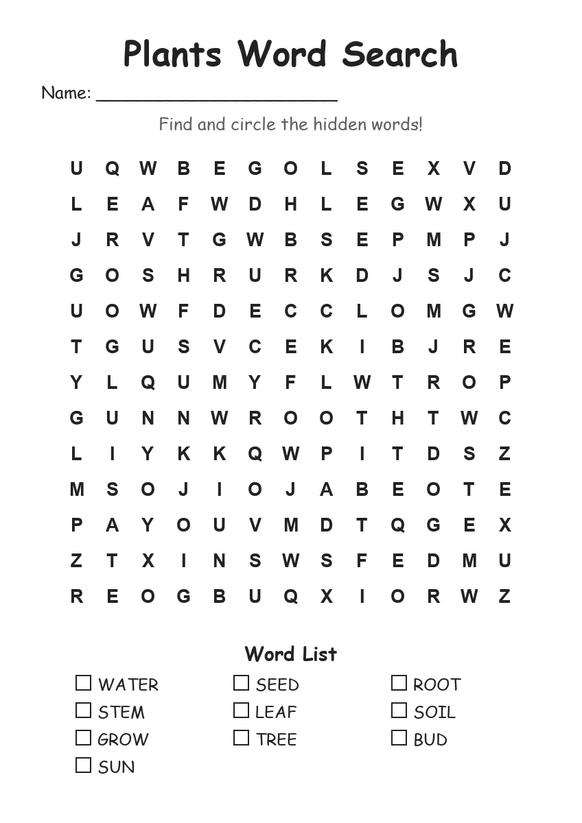 Plants word search worksheet for Grade 2