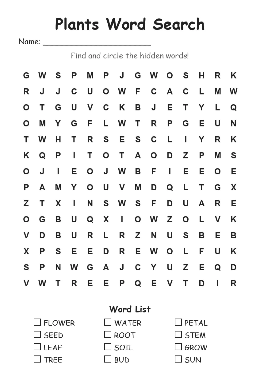 Plants word search worksheet for Grade 3