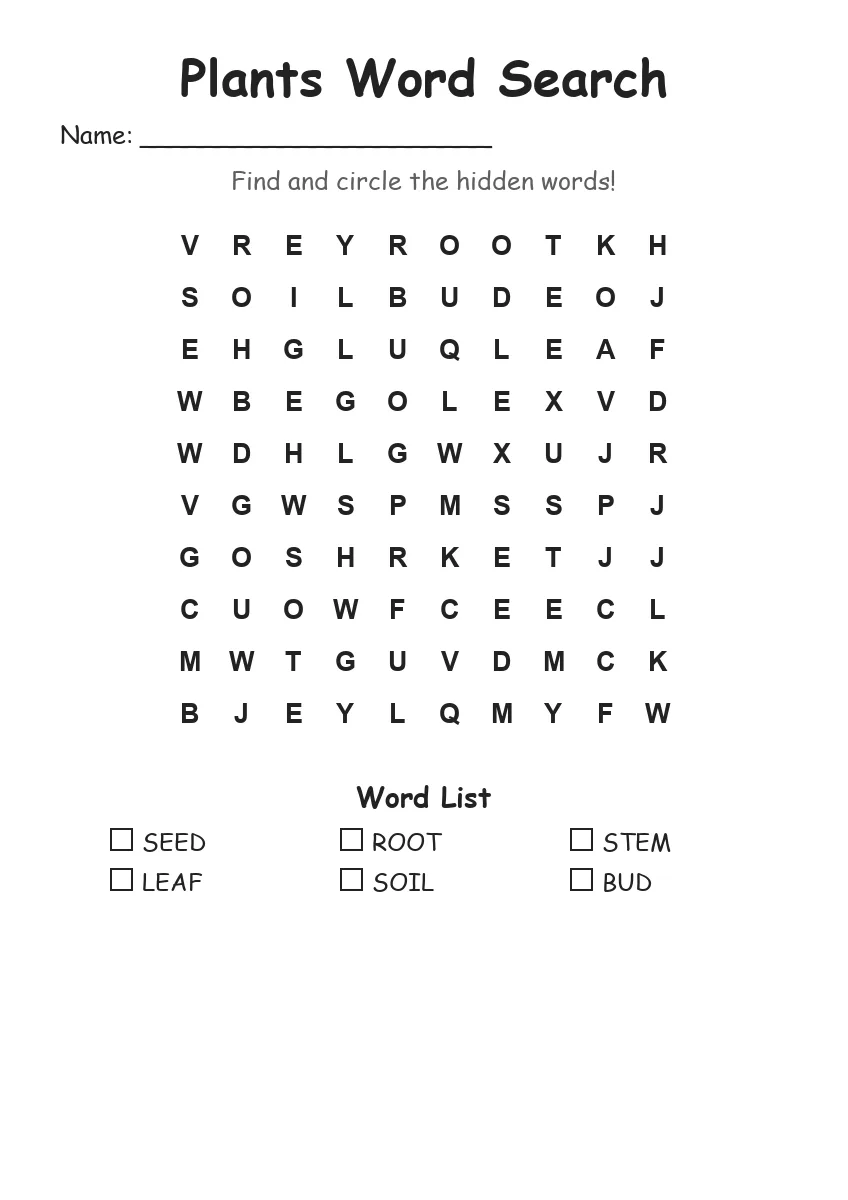Plants word search worksheet for Kindergarten