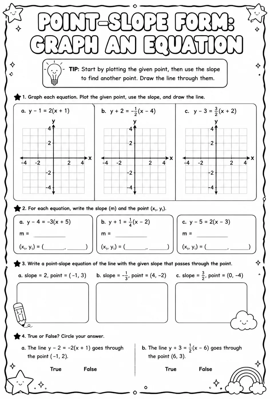 Point-slope form: graph an equation — free printable Algebra 1 math worksheet