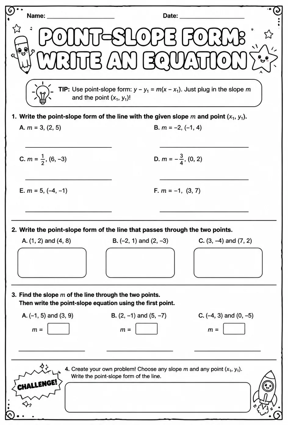 Point-slope form: write an equation — free printable Algebra 1 math worksheet