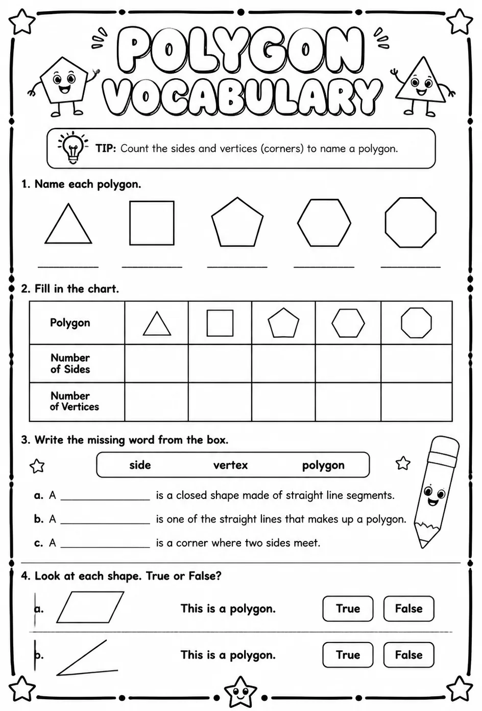Polygon vocabulary — free printable Geometry math worksheet