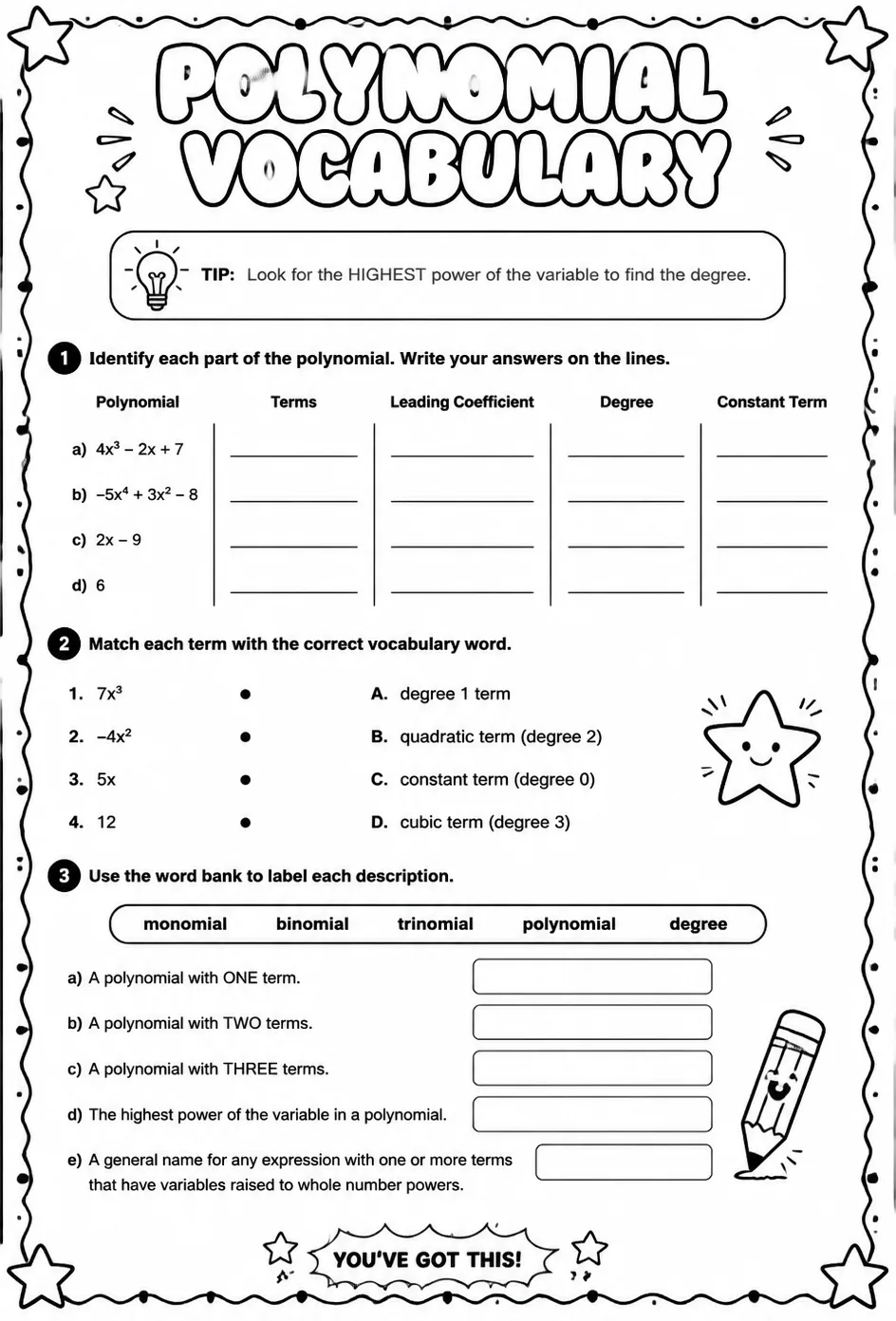 Polynomial vocabulary — free printable Algebra 1 math worksheet
