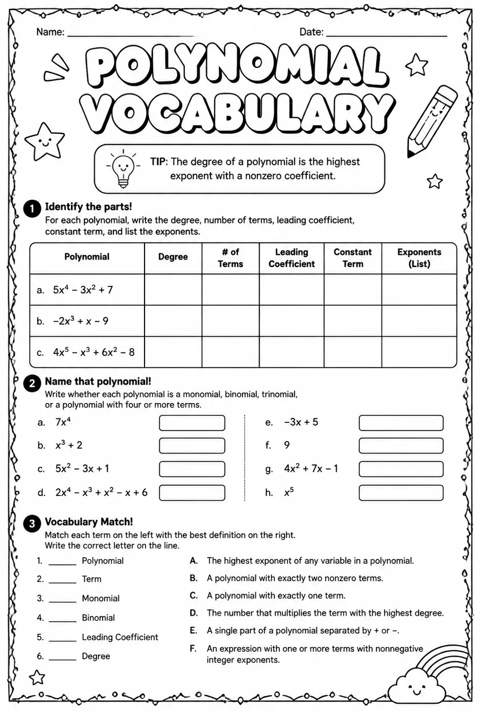 Polynomial vocabulary — free printable Algebra 2 math worksheet