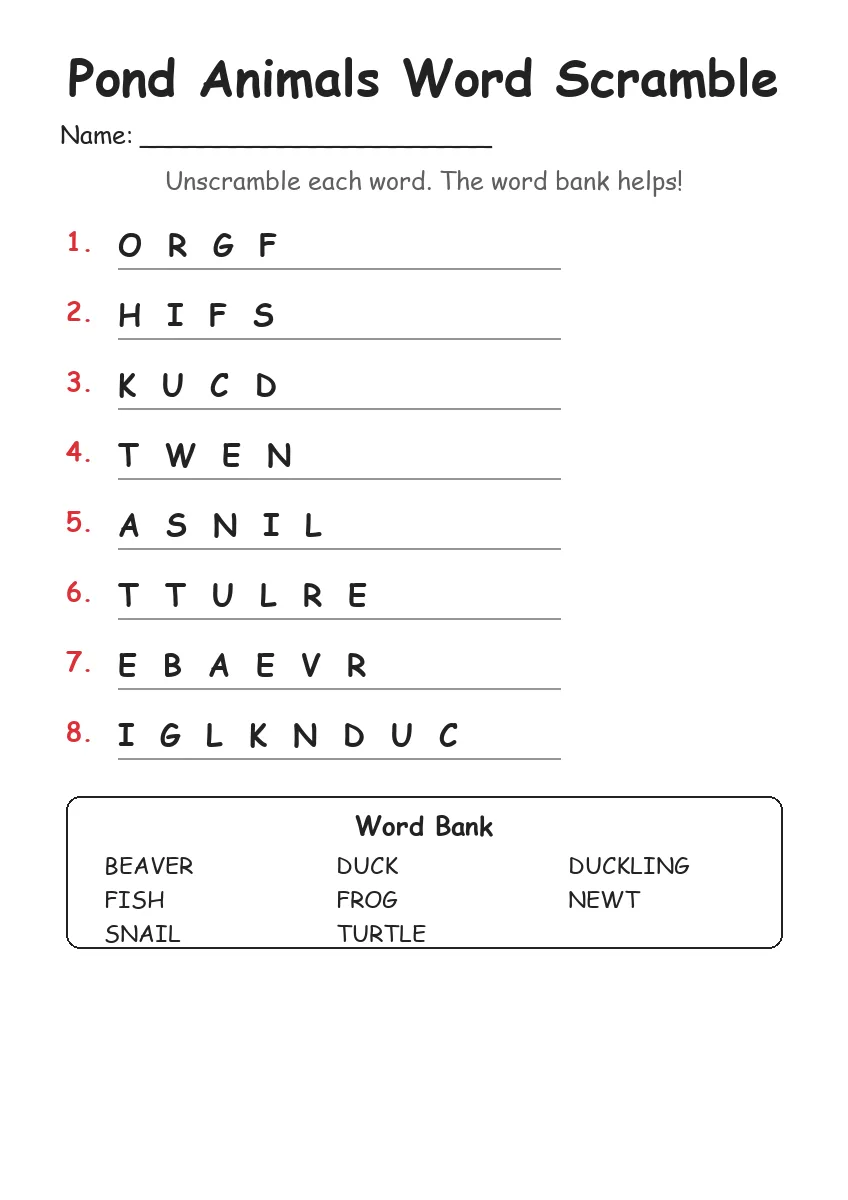 Pond Animals word scramble worksheet for Grade 1