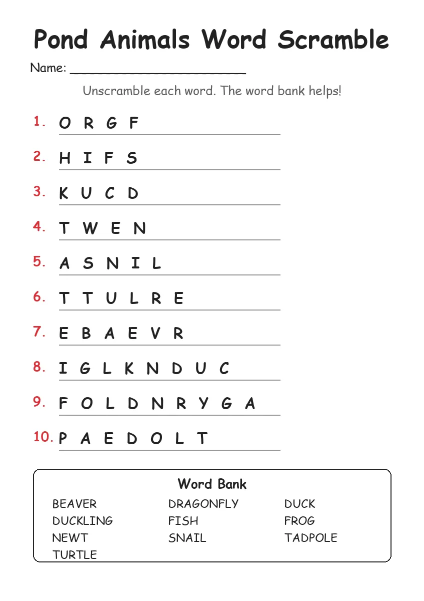 Pond Animals word scramble worksheet for Grade 3