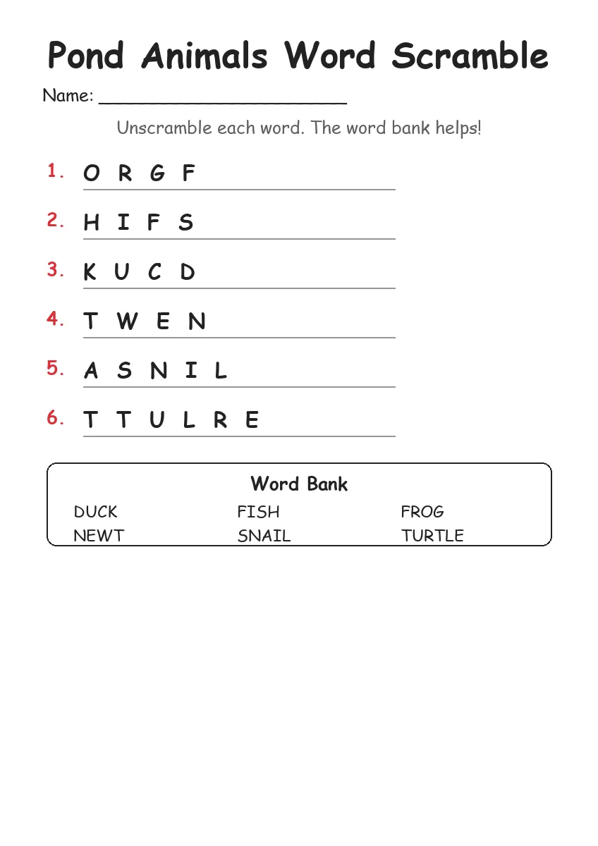 Pond Animals word scramble worksheet for Kindergarten