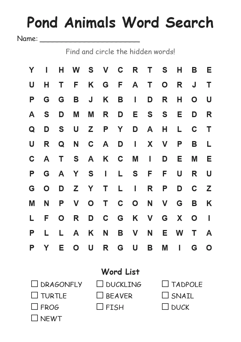 Pond Animals word search worksheet for Grade 2