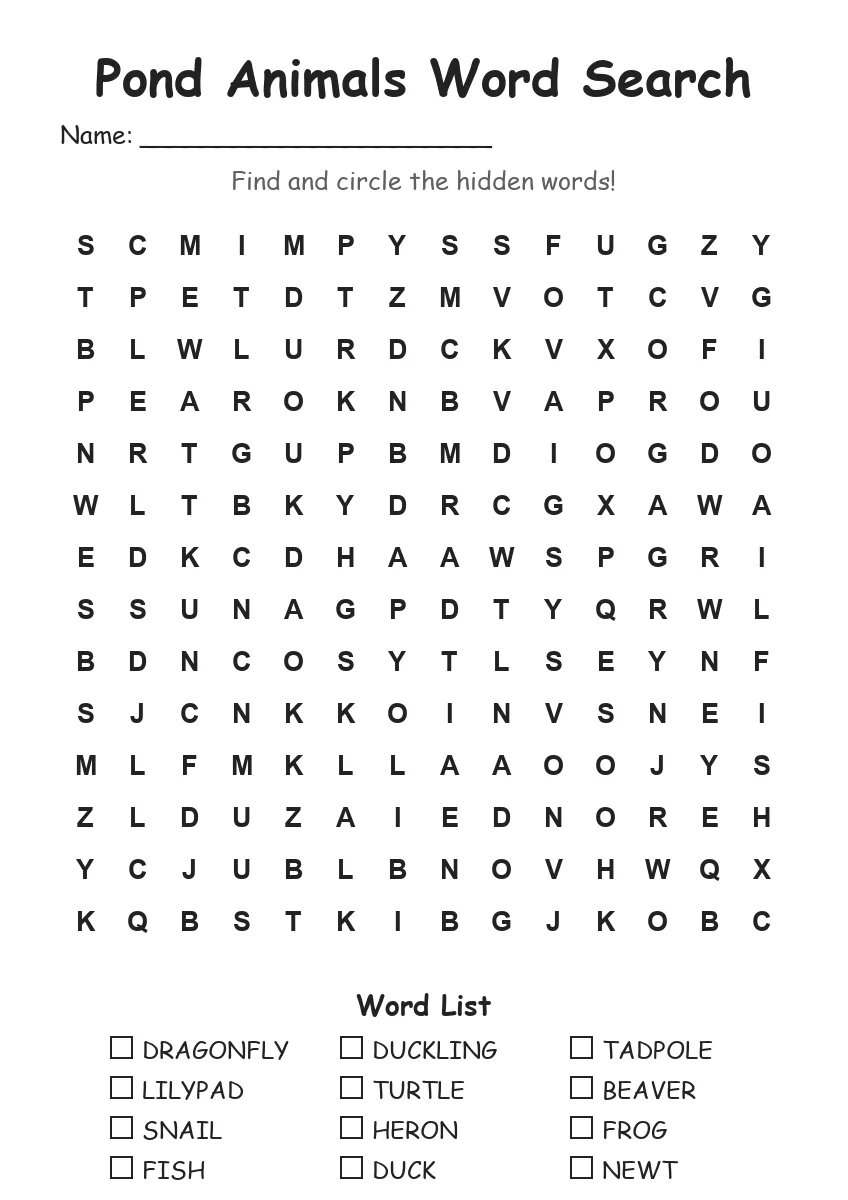 Pond Animals word search worksheet for Grade 3