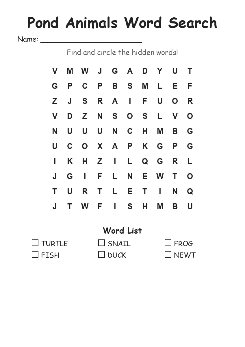 Pond Animals word search worksheet for Kindergarten