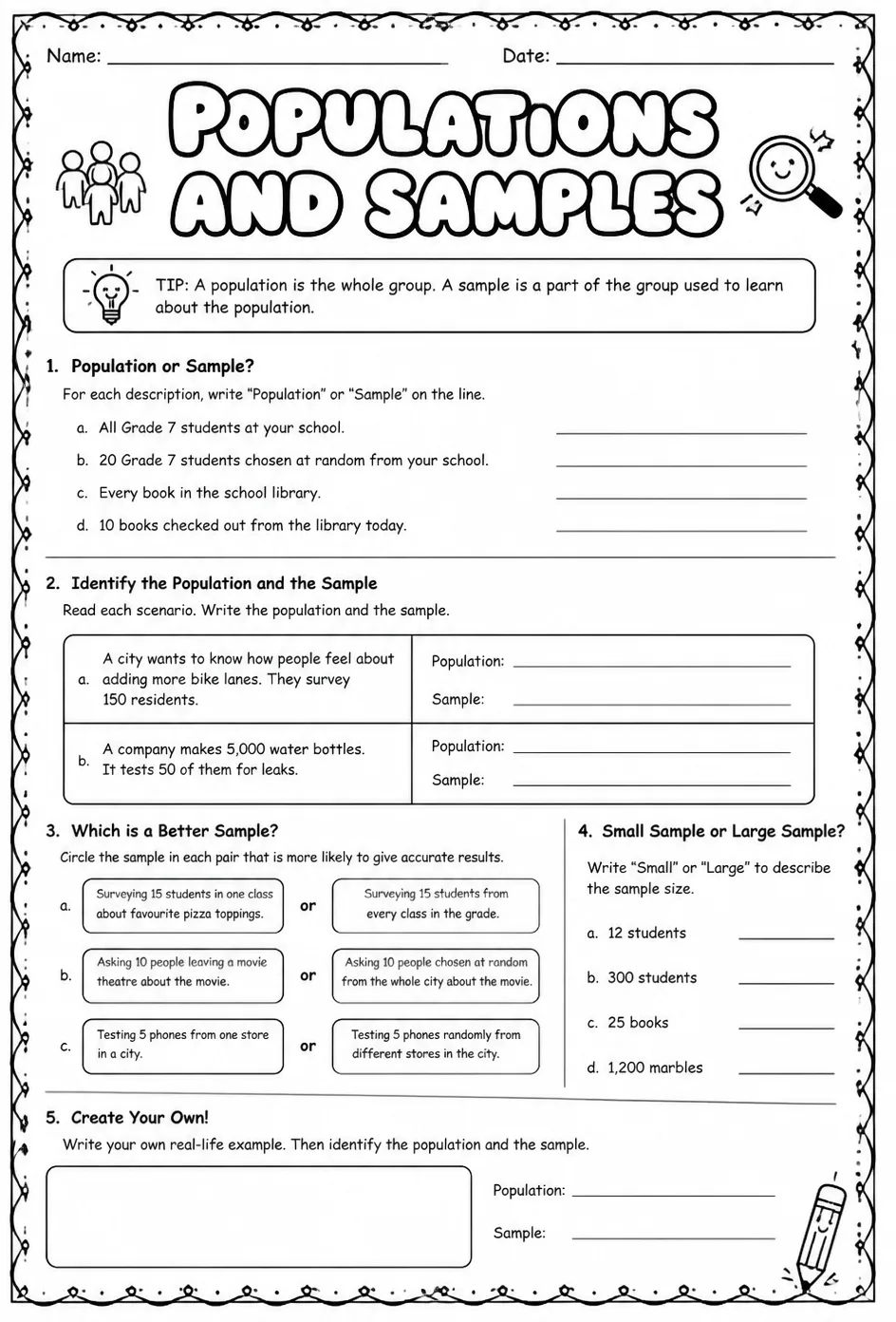 Populations and samples — free printable Grade 7 math worksheet