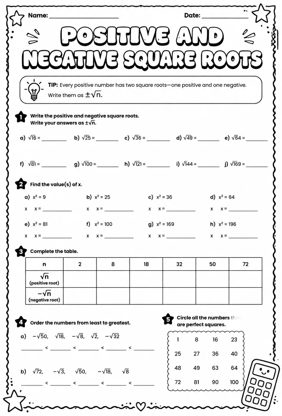 Positive and negative square roots — free printable Grade 8 math worksheet