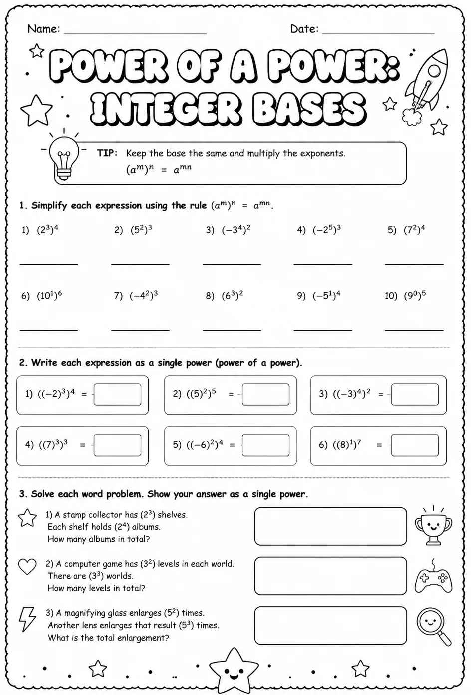 Power of a power: integer bases — free printable Grade 8 math worksheet