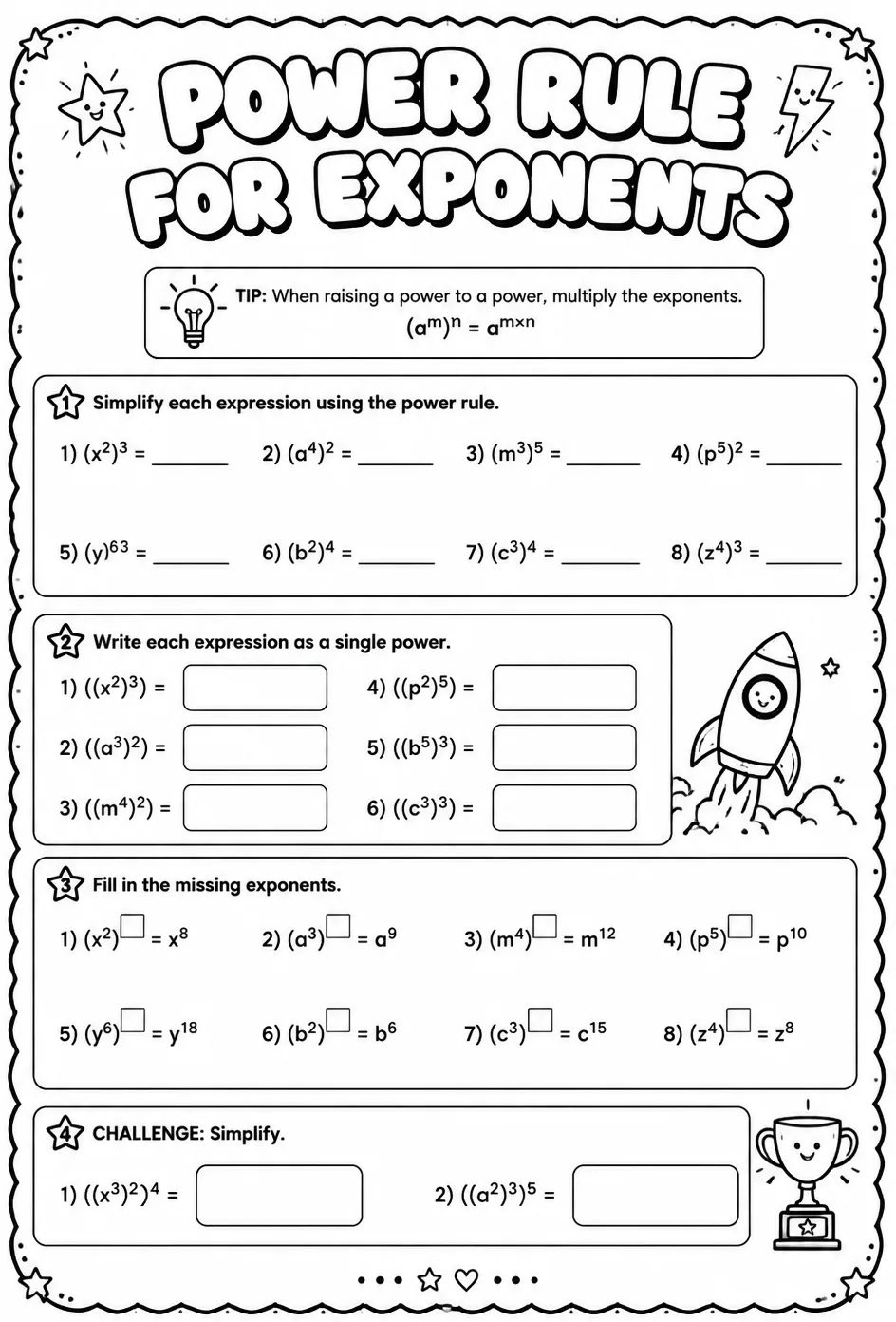 Power rule for exponents — free printable Algebra 1 math worksheet