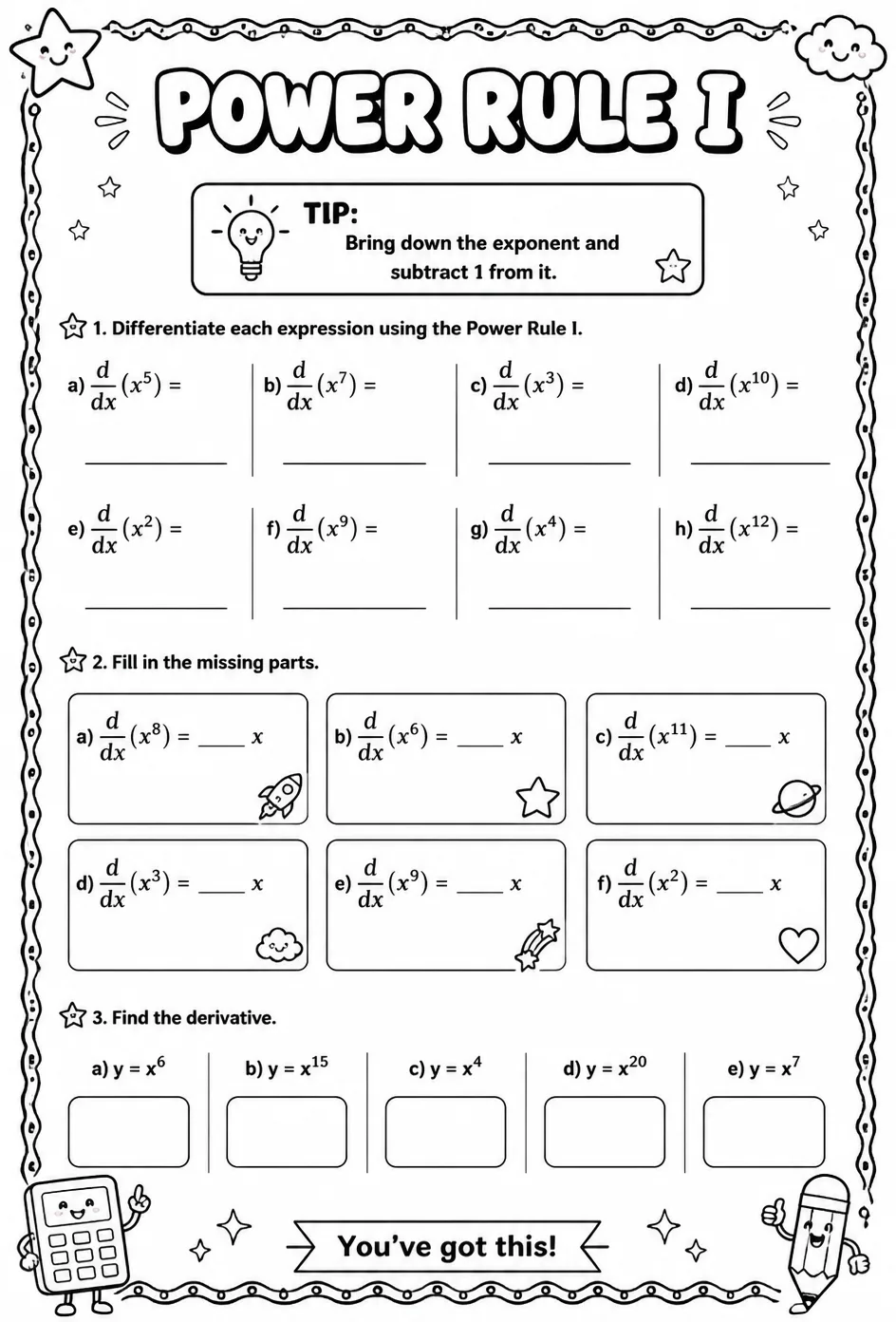 Power rule I — free printable Calculus math worksheet