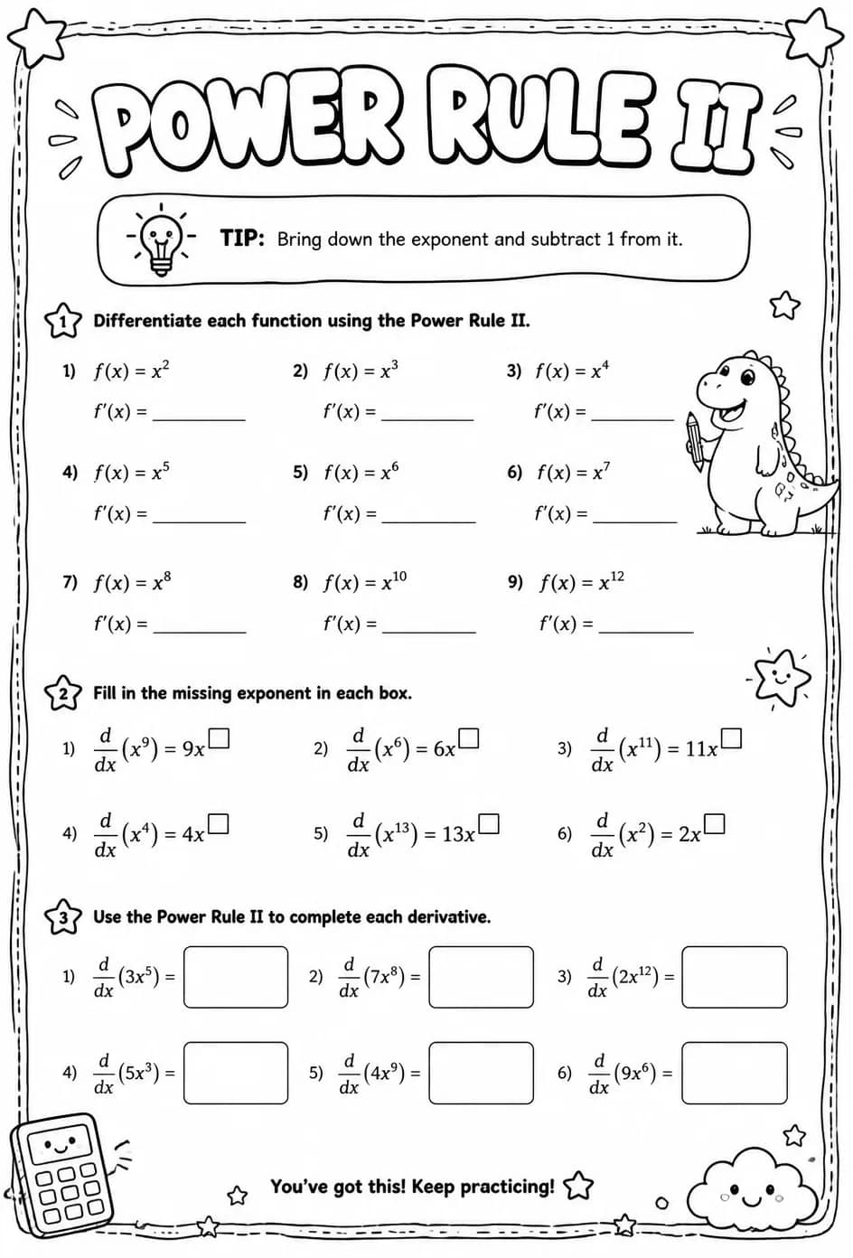 Power rule II — free printable Calculus math worksheet