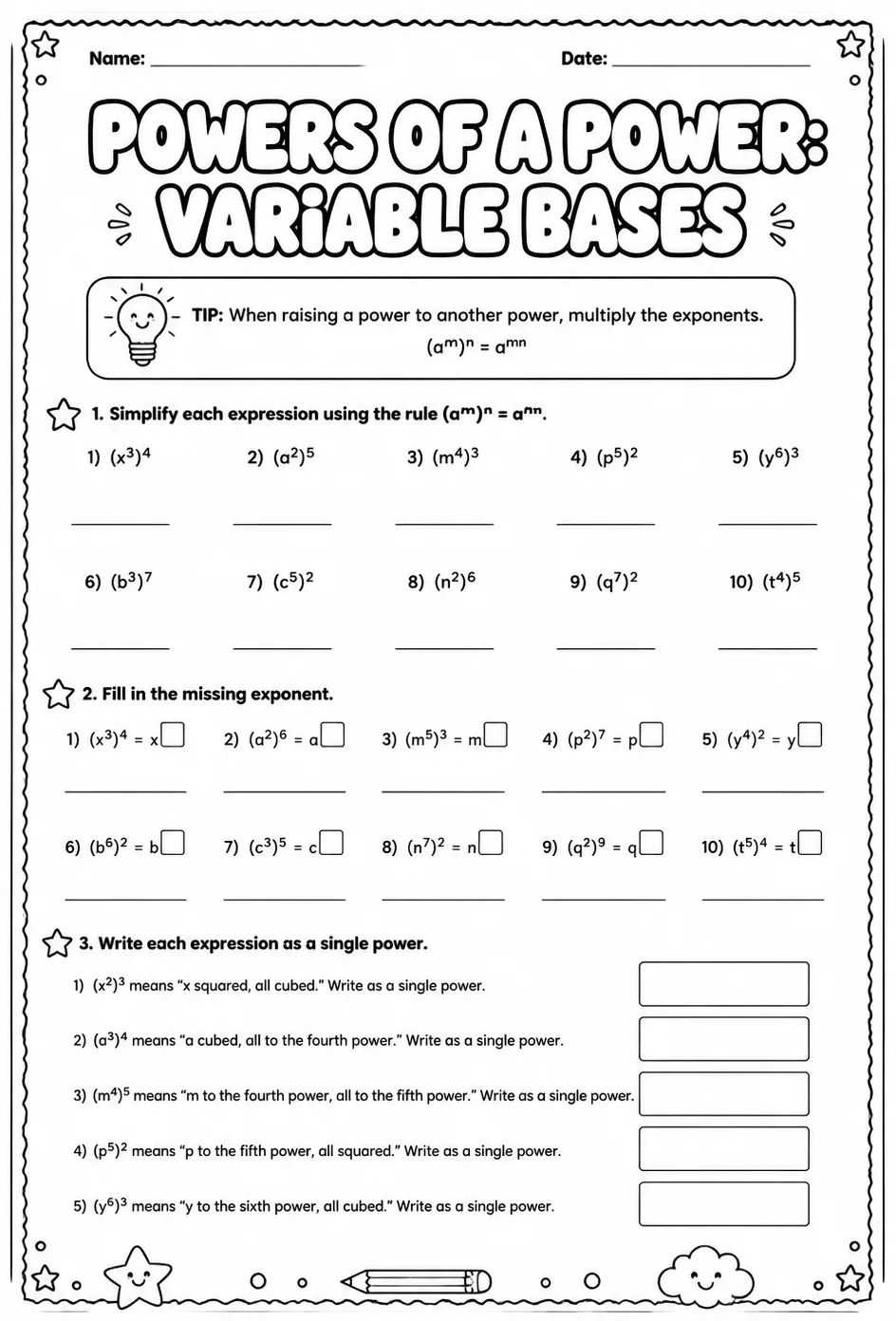 Powers of a power: variable bases — free printable Grade 8 math worksheet