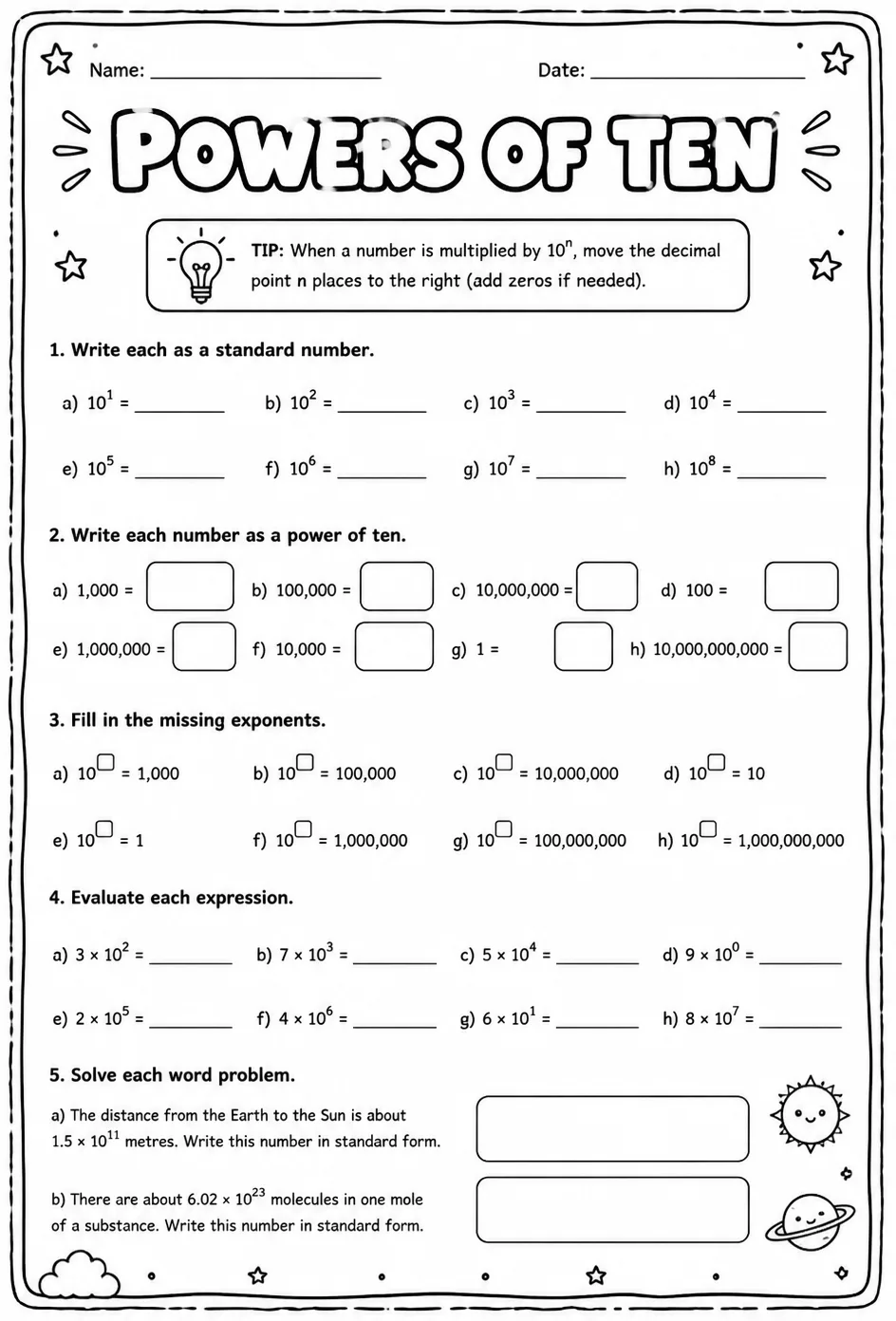 Powers of ten — free printable Grade 7 math worksheet