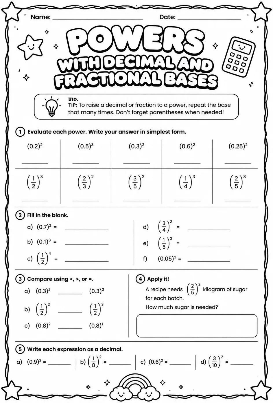Powers with decimal and fractional bases — free printable Grade 7 math worksheet