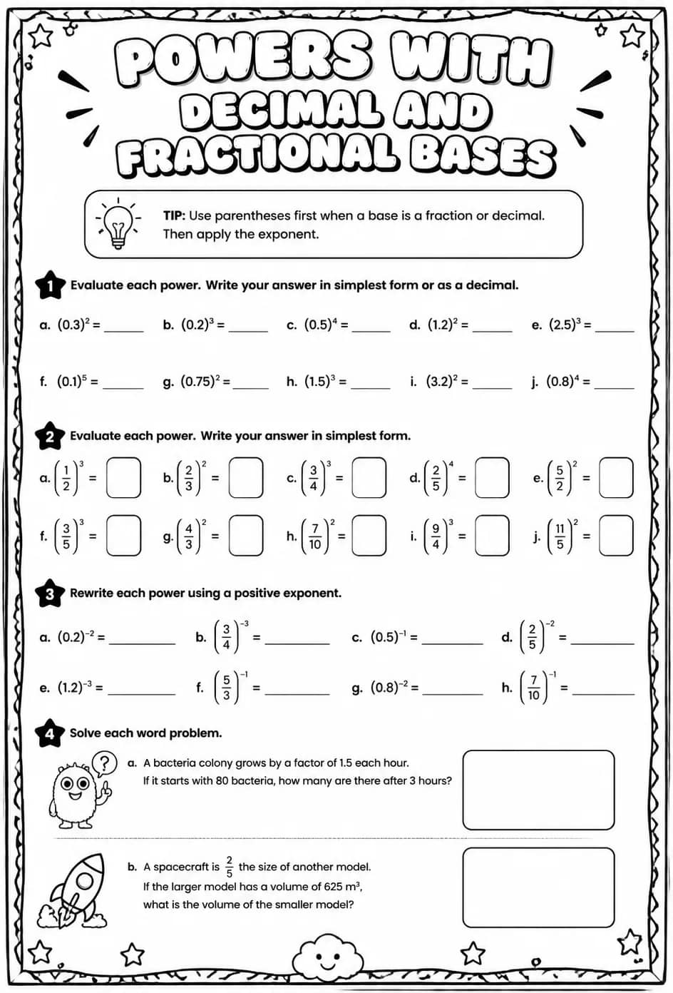 Powers with decimal and fractional bases — free printable Grade 8 math worksheet