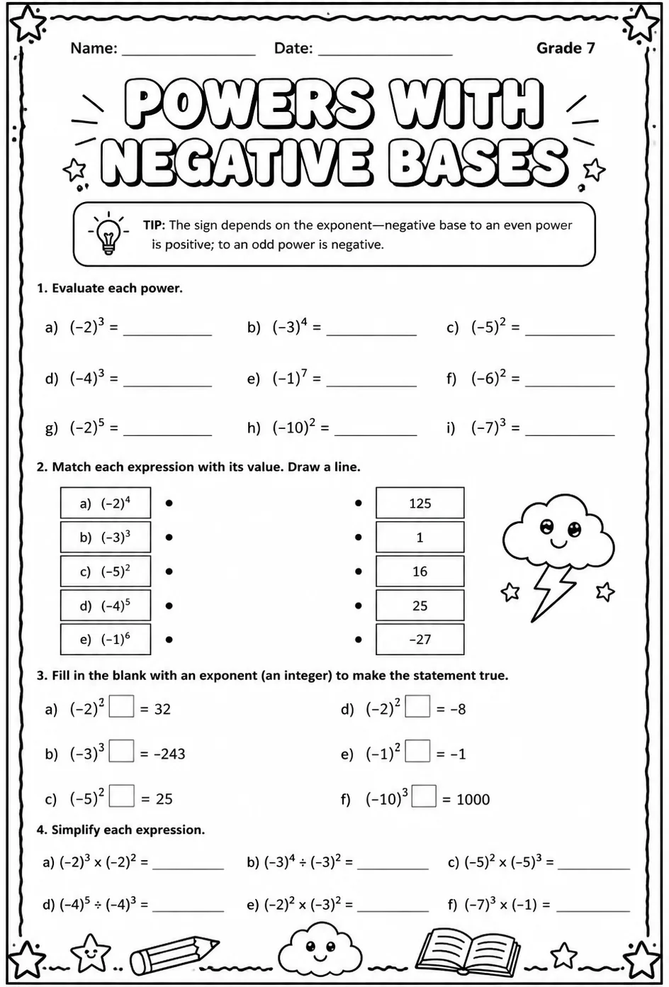 Powers with negative bases — free printable Grade 7 math worksheet