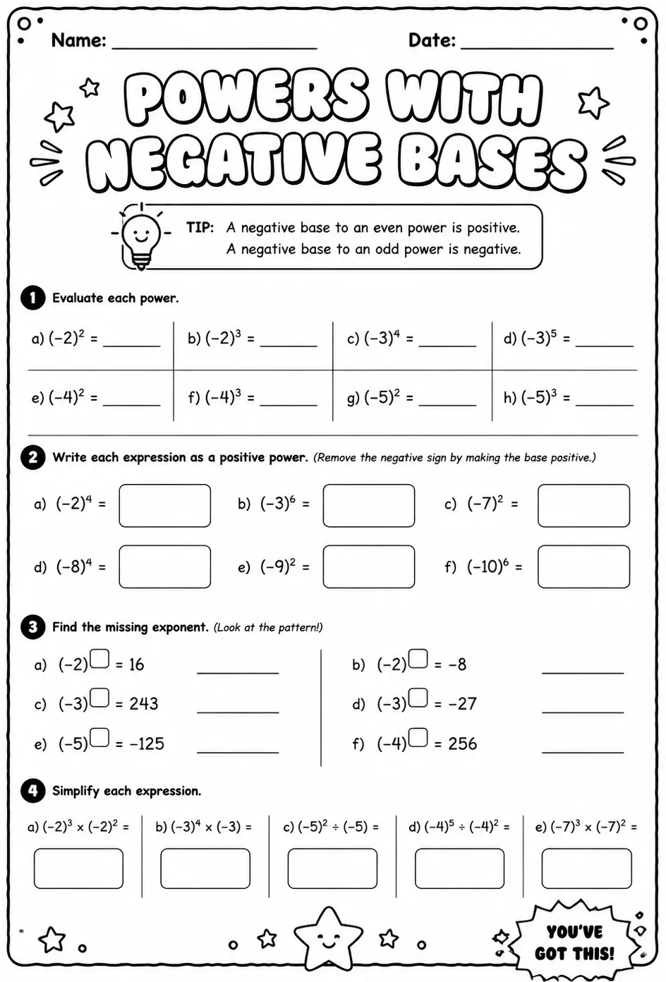 Powers with negative bases — free printable Grade 8 math worksheet