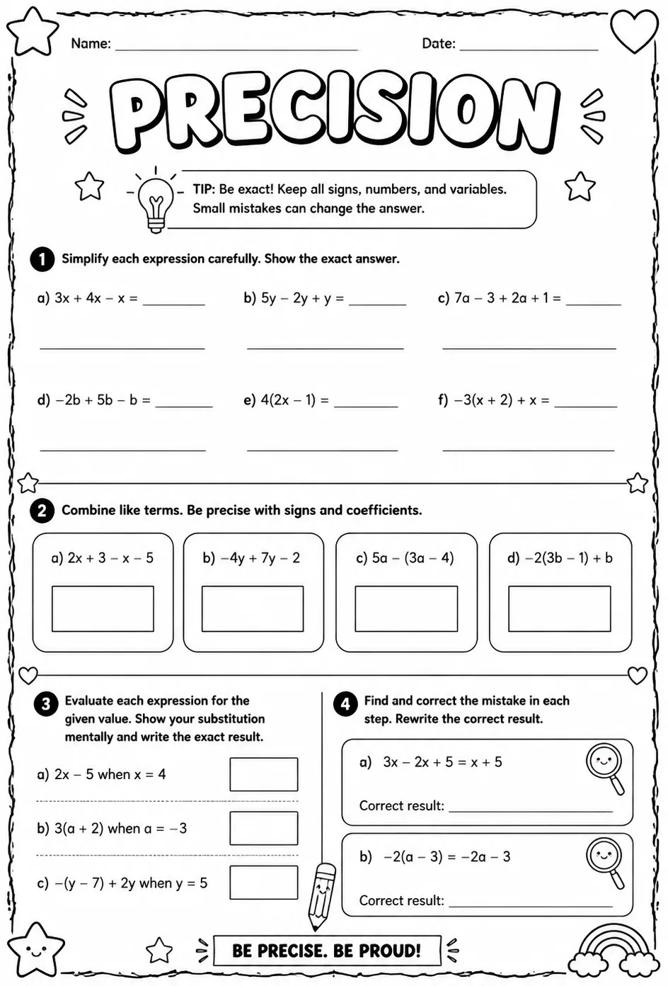 Precision — free printable Algebra 1 math worksheet