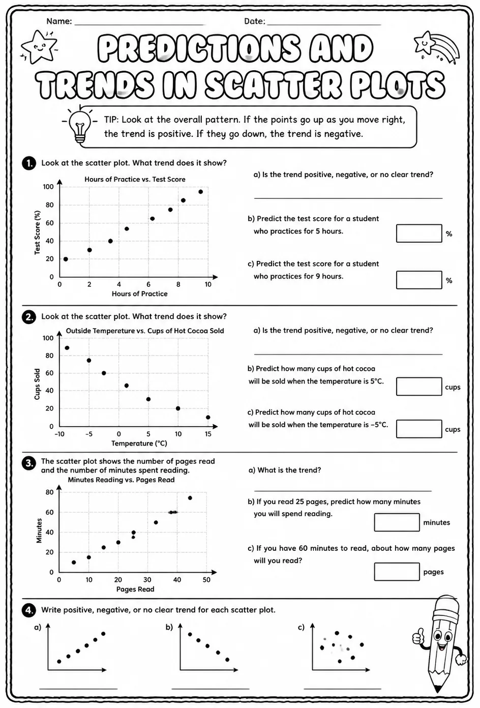 Predictions and trends in scatter plots — free printable Grade 5 math worksheet