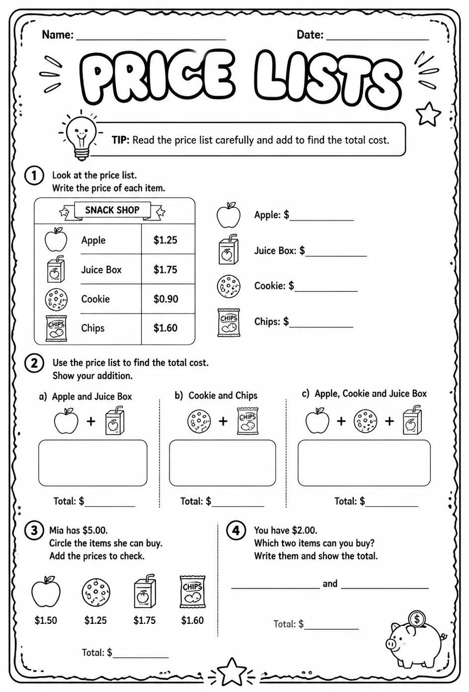 Price lists — free printable Grade 3 math worksheet