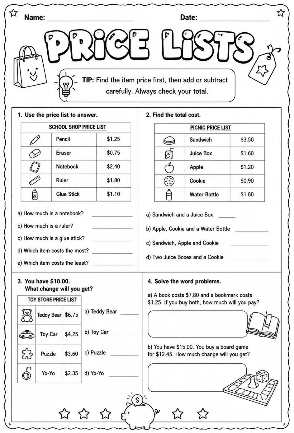 Price lists — free printable Grade 5 math worksheet