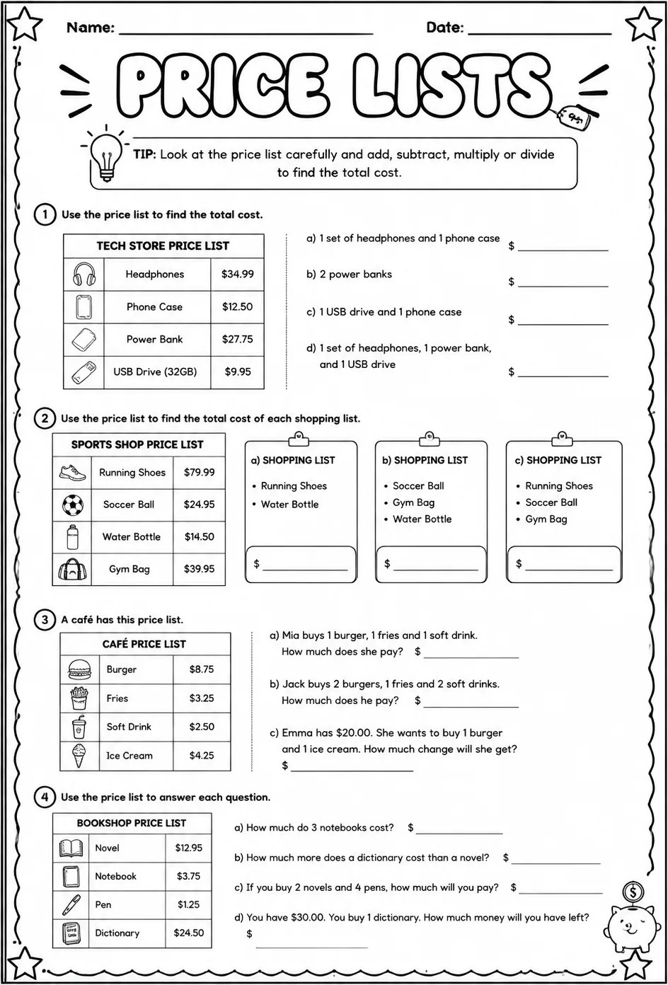 Price lists — free printable Grade 7 math worksheet