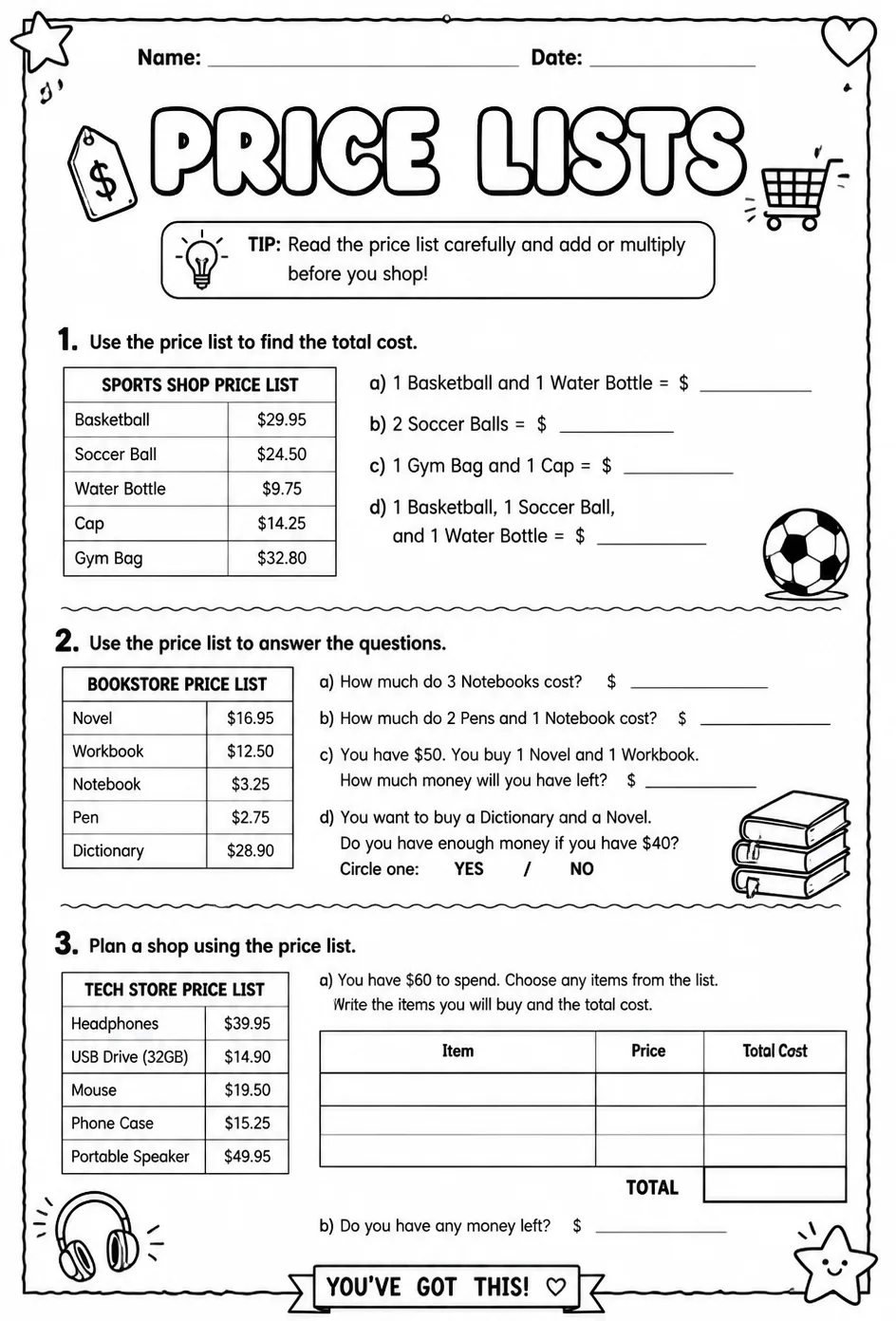 Price lists — free printable Grade 8 math worksheet